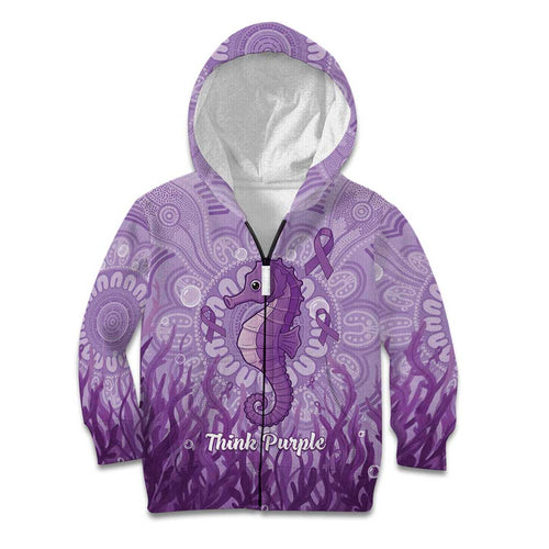 Australia Epilepsy Awareness Kid Hoodie Seahorse Think Purple Ribbon Aboriginal - Aussie Hoodie
