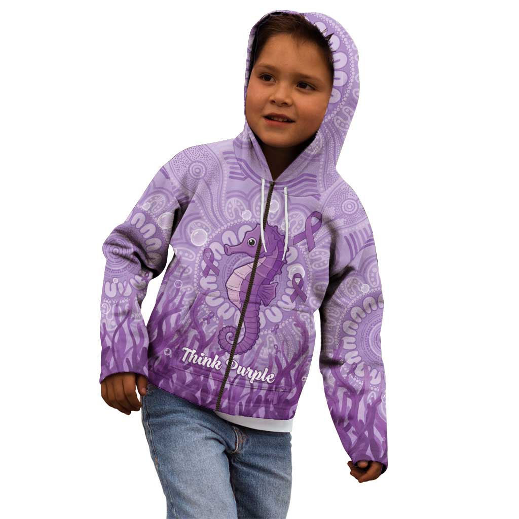 Australia Epilepsy Awareness Kid Hoodie Seahorse Think Purple Ribbon Aboriginal - Aussie Hoodie