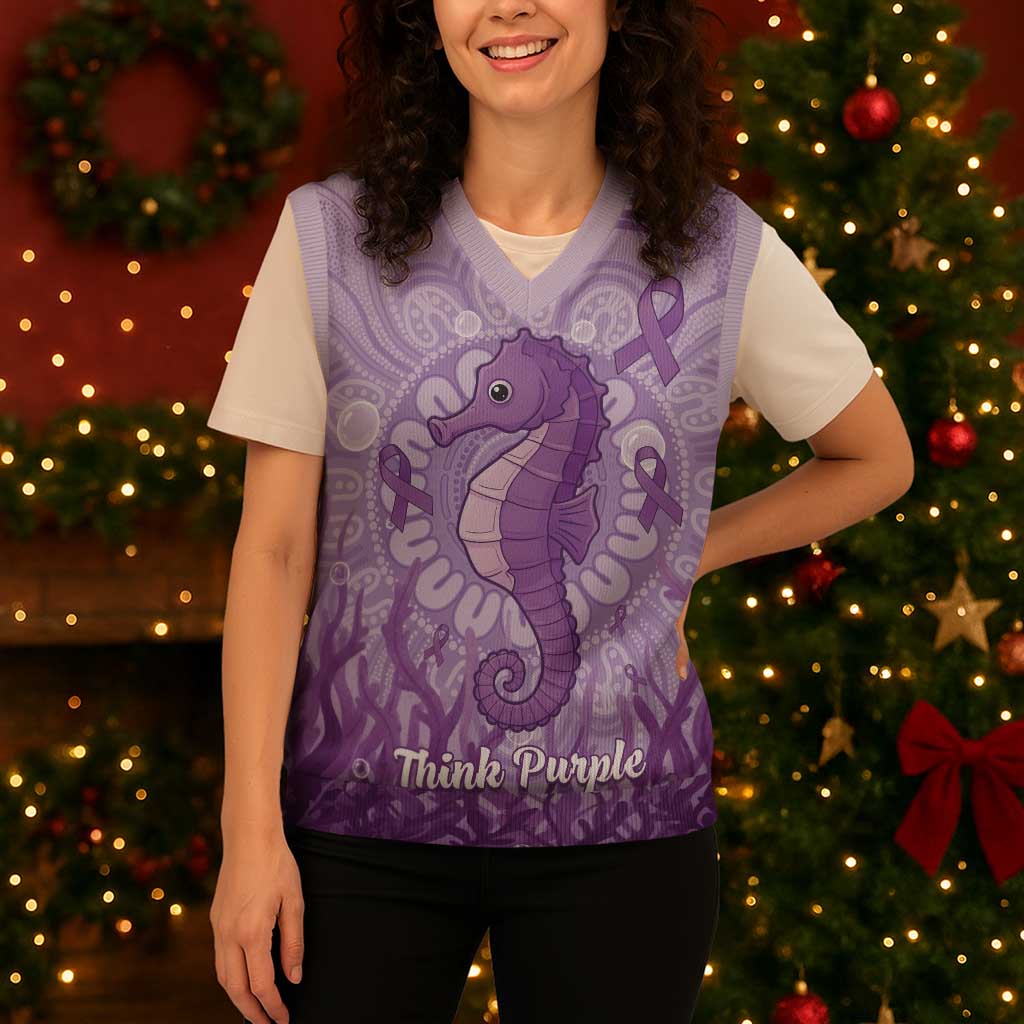 Australia Epilepsy Awareness Christmas Knitted V-Neck Vest Seahorse Think Purple Ribbon Aboriginal - Aussie Hoodie