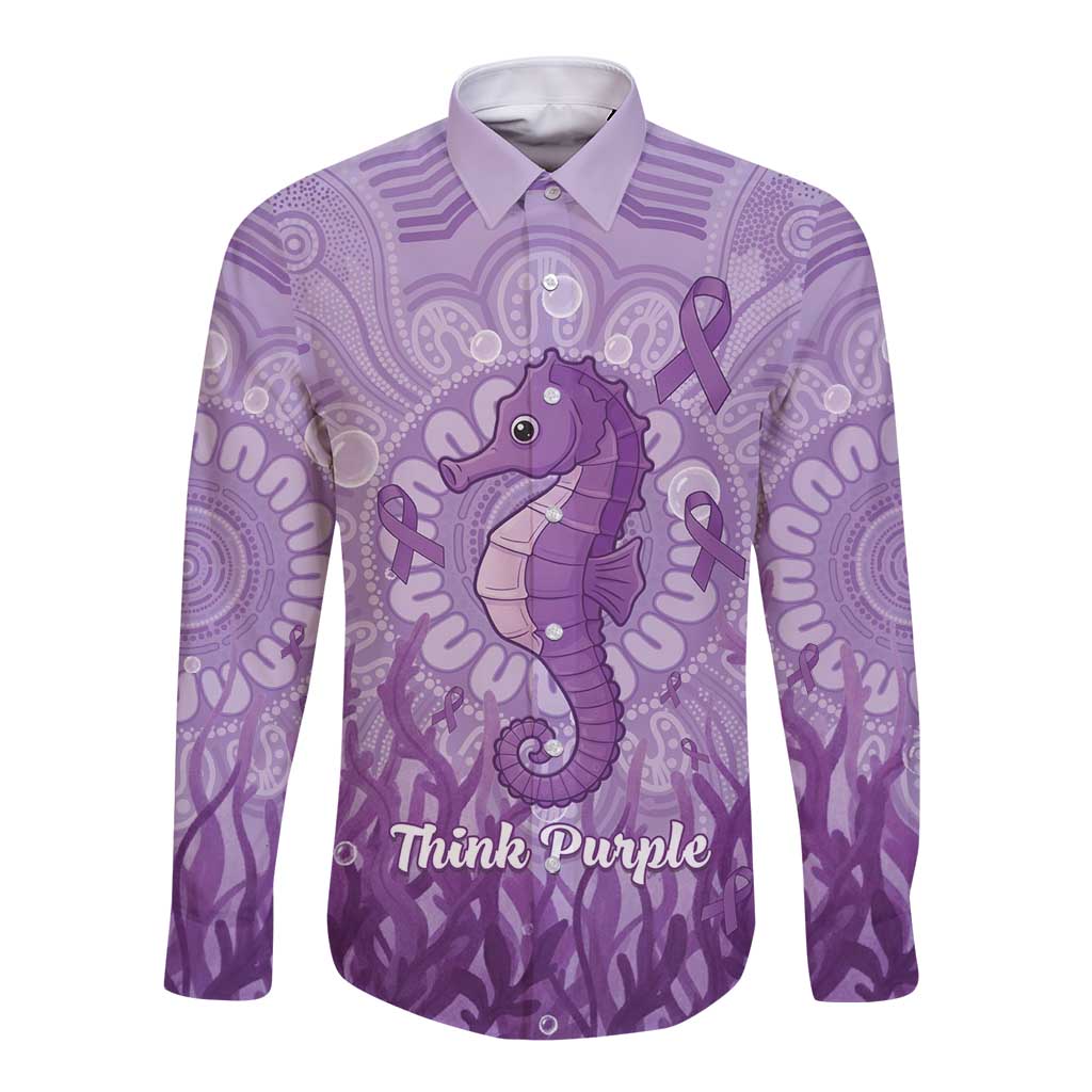 Australia Epilepsy Awareness Long Sleeve Button Shirt Seahorse Think Purple Ribbon Aboriginal - Aussie Hoodie