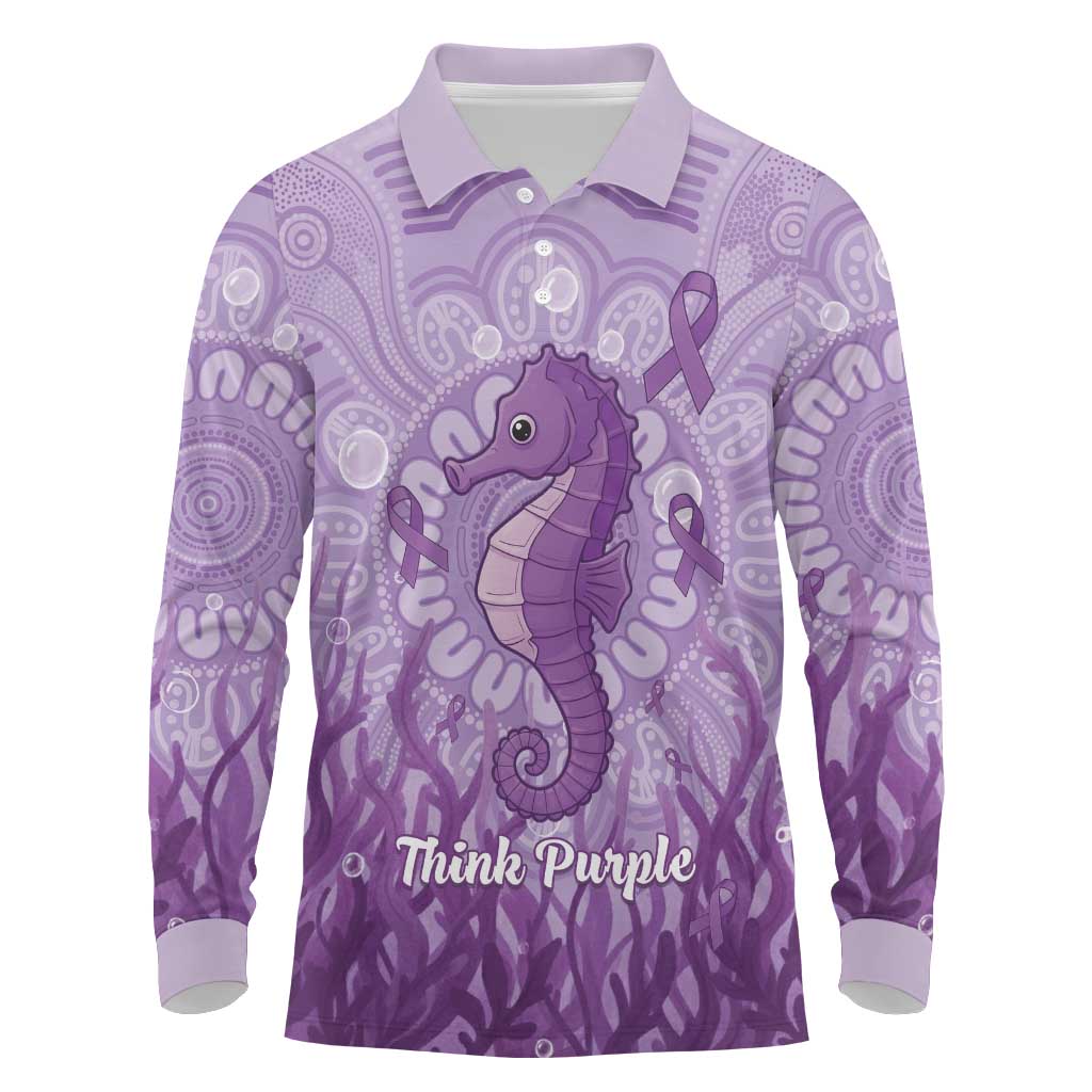 Australia Epilepsy Awareness Long Sleeve Polo Shirt Seahorse Think Purple Ribbon Aboriginal - Aussie Hoodie