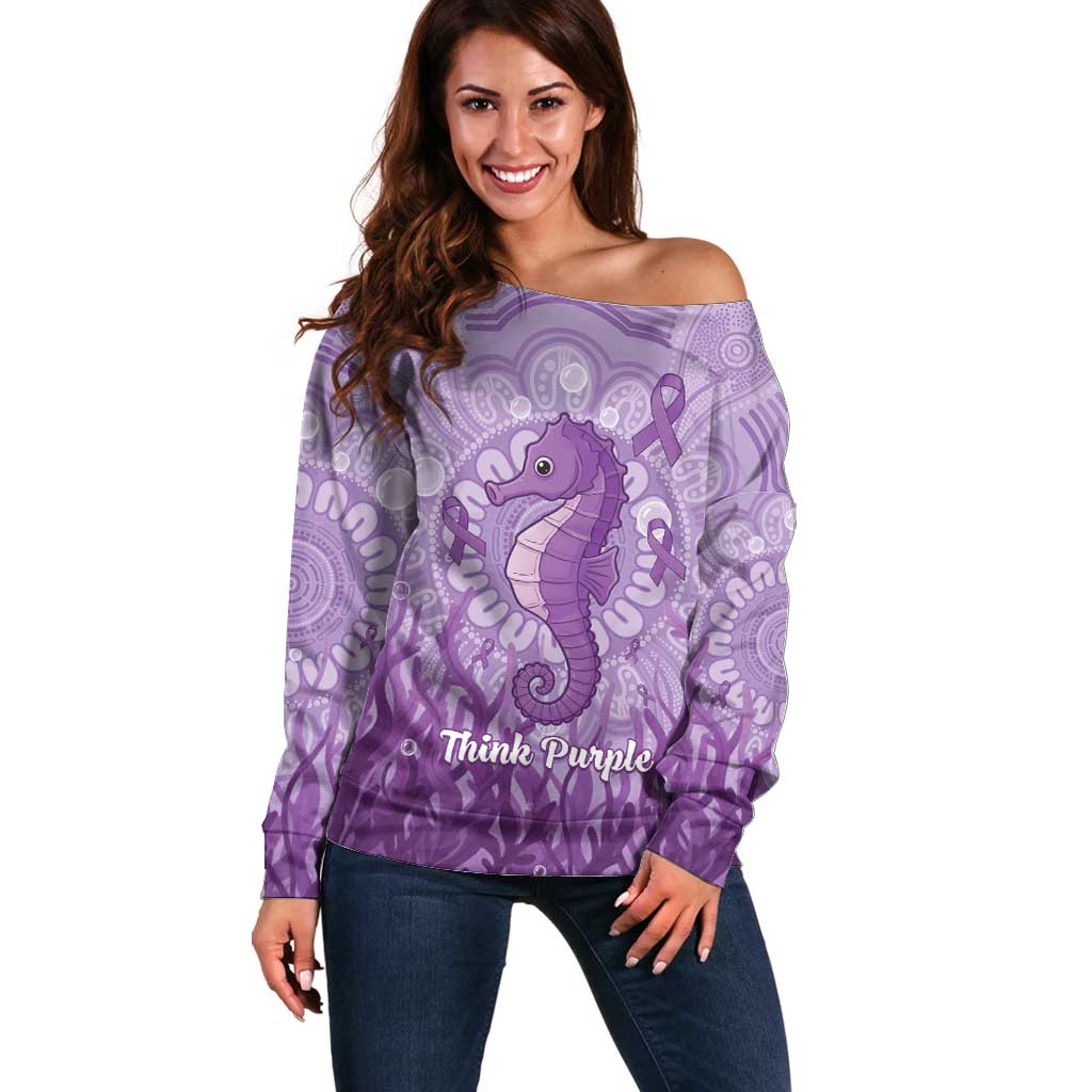 Australia Epilepsy Awareness Off Shoulder Sweater Seahorse Think Purple Ribbon Aboriginal - Aussie Hoodie