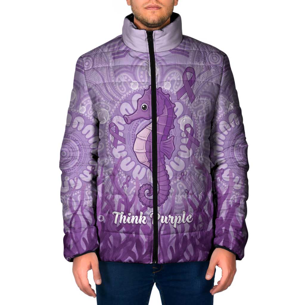 Australia Epilepsy Awareness Padded Jacket Seahorse Think Purple Ribbon Aboriginal - Aussie Hoodie