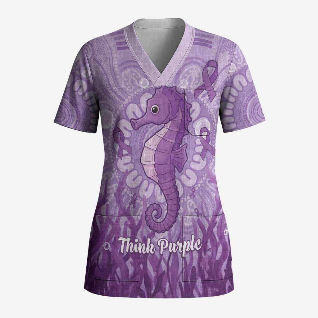 Australia Epilepsy Awareness Scrub Top Seahorse Think Purple Ribbon Aboriginal - Aussie Hoodie
