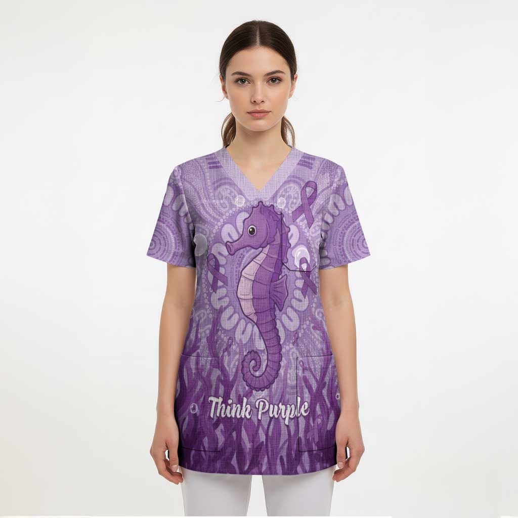 Australia Epilepsy Awareness Scrub Top Seahorse Think Purple Ribbon Aboriginal - Aussie Hoodie