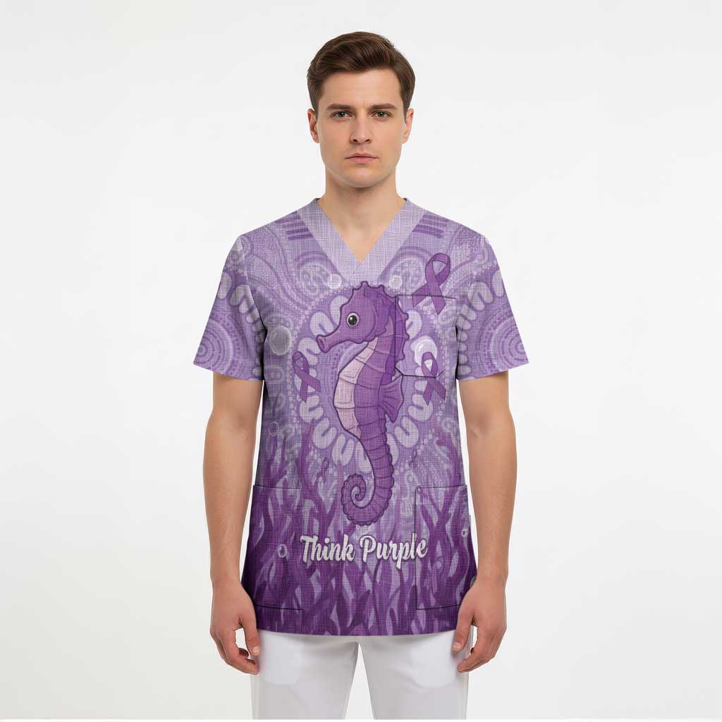 Australia Epilepsy Awareness Scrub Top Seahorse Think Purple Ribbon Aboriginal - Aussie Hoodie