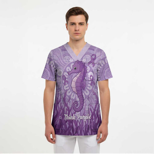 Australia Epilepsy Awareness Scrub Top Seahorse Think Purple Ribbon Aboriginal - Aussie Hoodie