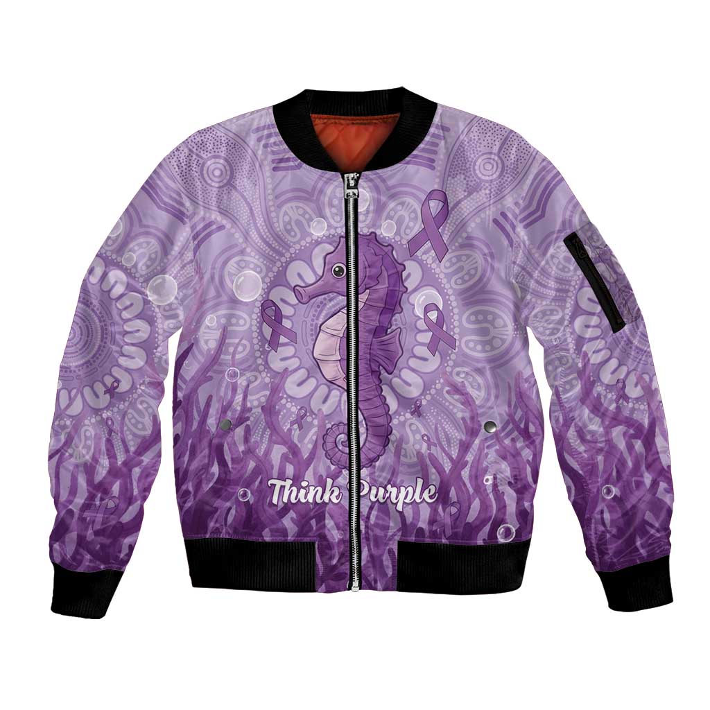 Australia Epilepsy Awareness Sleeve Zip Bomber Jacket Seahorse Think Purple Ribbon Aboriginal - Aussie Hoodie