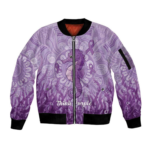 Australia Epilepsy Awareness Sleeve Zip Bomber Jacket Seahorse Think Purple Ribbon Aboriginal - Aussie Hoodie