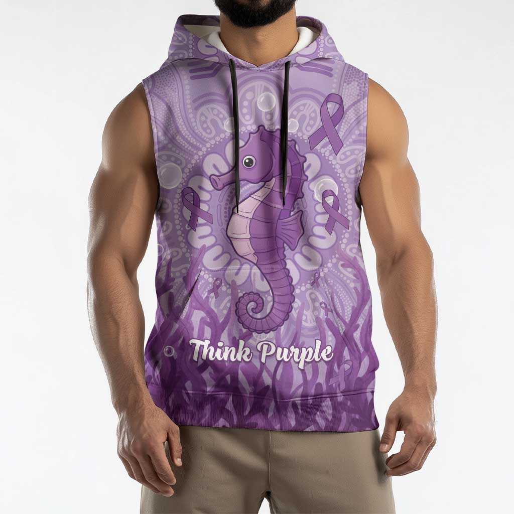 Australia Epilepsy Awareness Sleeveless Hoodie Seahorse Think Purple Ribbon Aboriginal - Aussie Hoodie