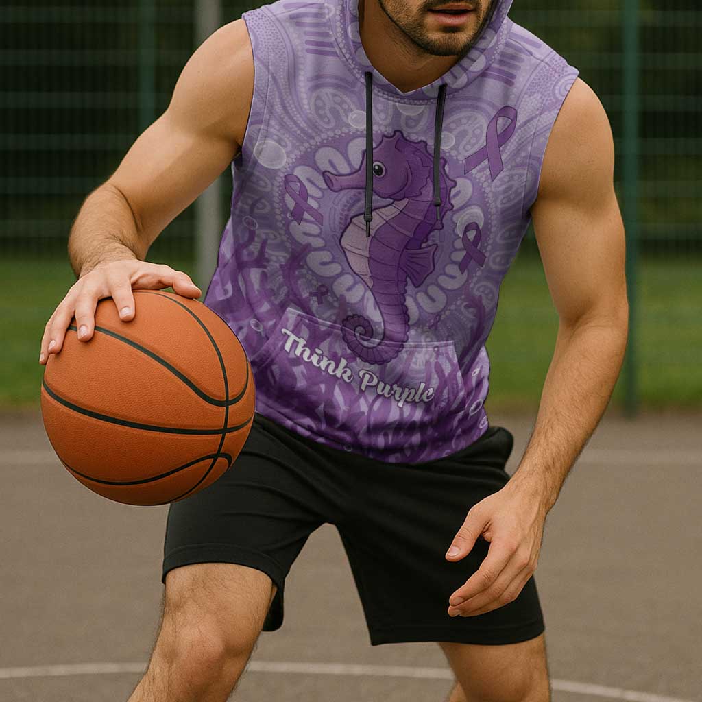 Australia Epilepsy Awareness Sleeveless Hoodie Seahorse Think Purple Ribbon Aboriginal - Aussie Hoodie
