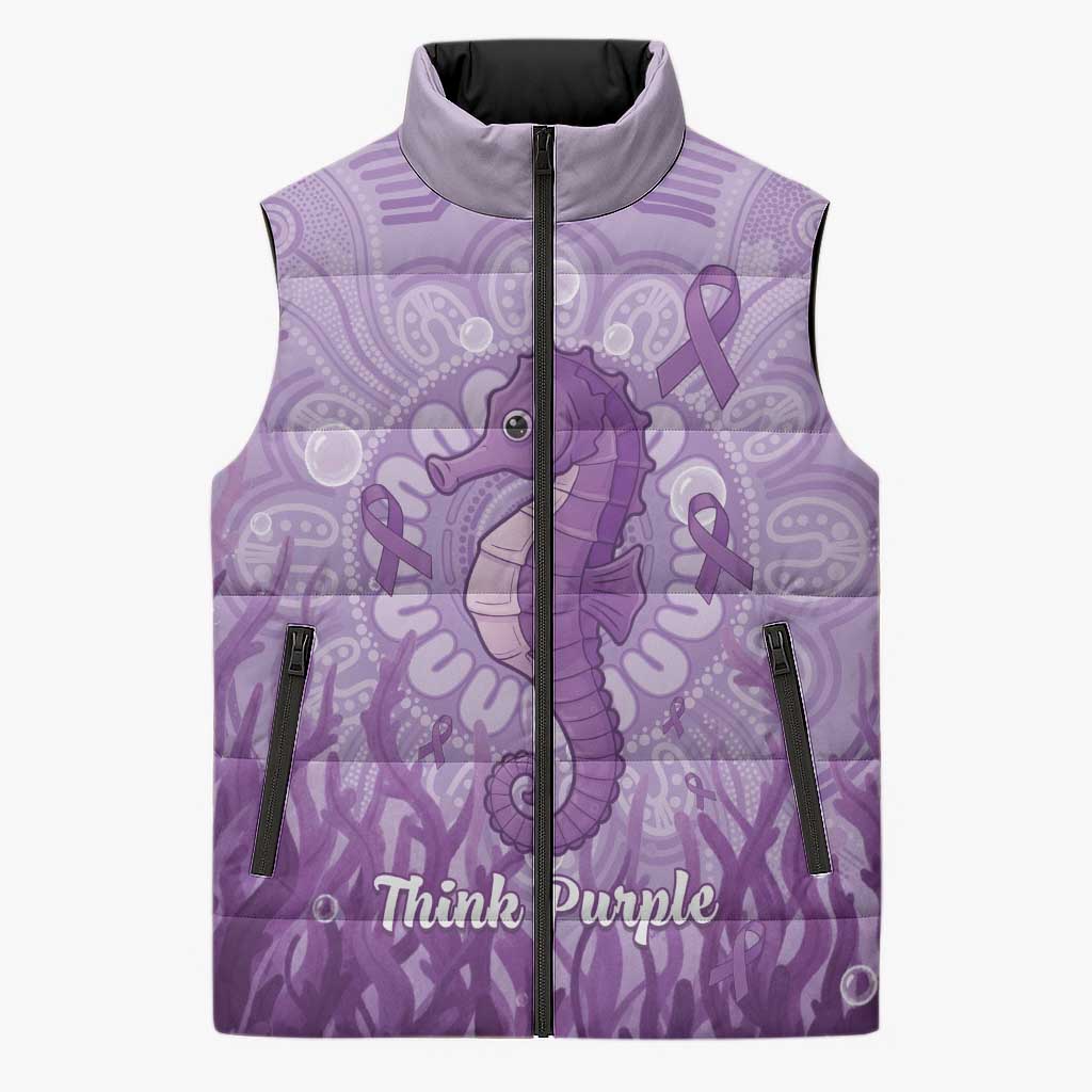 Australia Epilepsy Awareness Sleeveless Puffer Jacket Seahorse Think Purple Ribbon Aboriginal - Aussie Hoodie