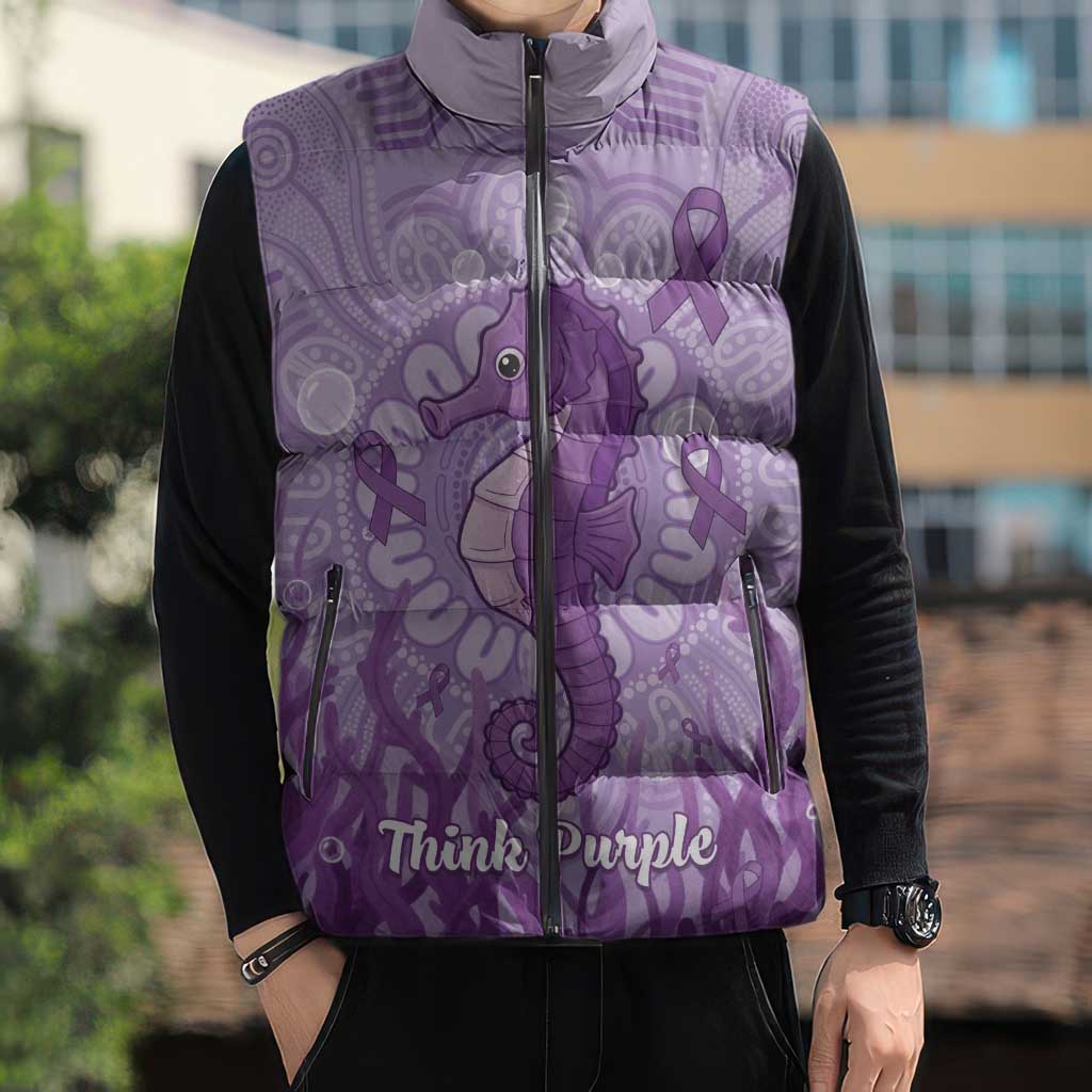 Australia Epilepsy Awareness Sleeveless Puffer Jacket Seahorse Think Purple Ribbon Aboriginal - Aussie Hoodie