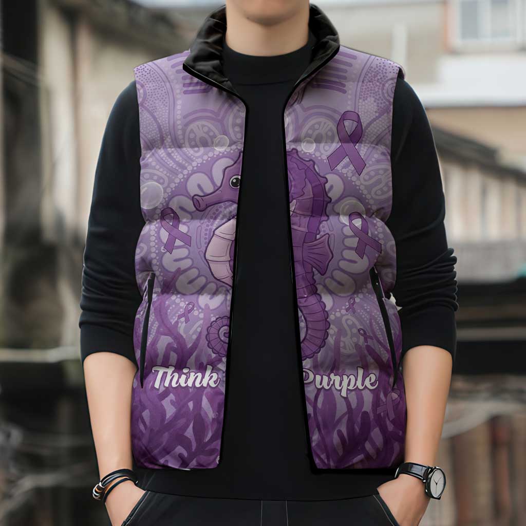 Australia Epilepsy Awareness Sleeveless Puffer Jacket Seahorse Think Purple Ribbon Aboriginal - Aussie Hoodie