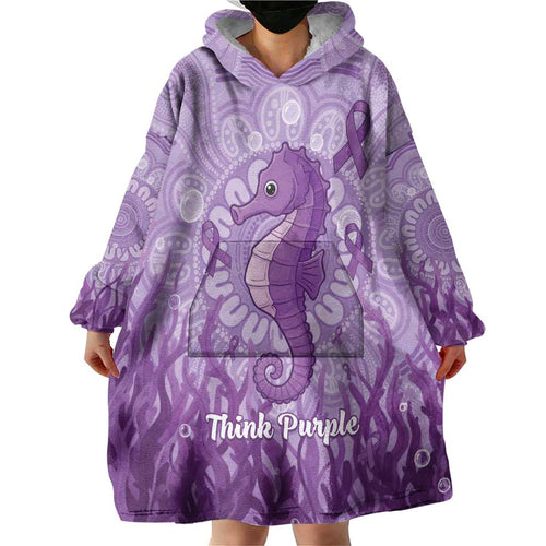 Australia Epilepsy Awareness Wearable Blanket Hoodie Seahorse Think Purple Ribbon Aboriginal - Aussie Hoodie