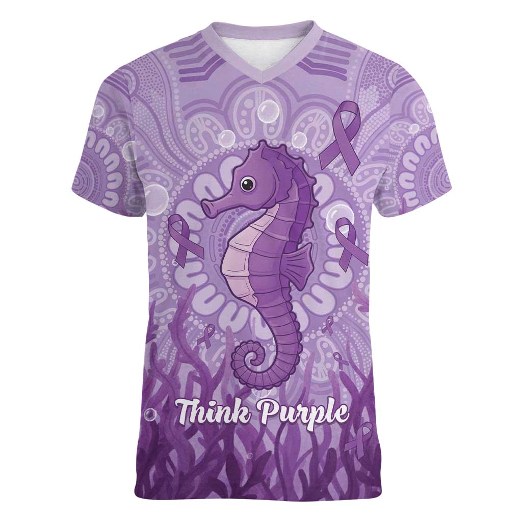 Australia Epilepsy Awareness Women V-Neck T-Shirt Seahorse Think Purple Ribbon Aboriginal - Aussie Hoodie