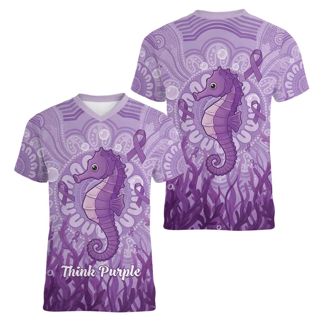 Australia Epilepsy Awareness Women V-Neck T-Shirt Seahorse Think Purple Ribbon Aboriginal - Aussie Hoodie