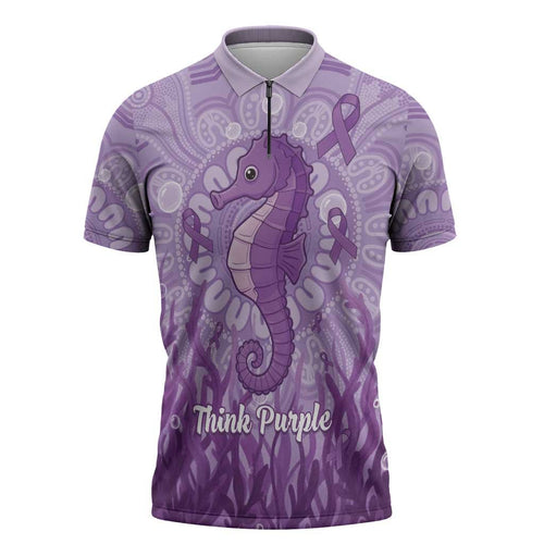 Australia Epilepsy Awareness Zipper Polo Shirt Seahorse Think Purple Ribbon Aboriginal - Aussie Hoodie