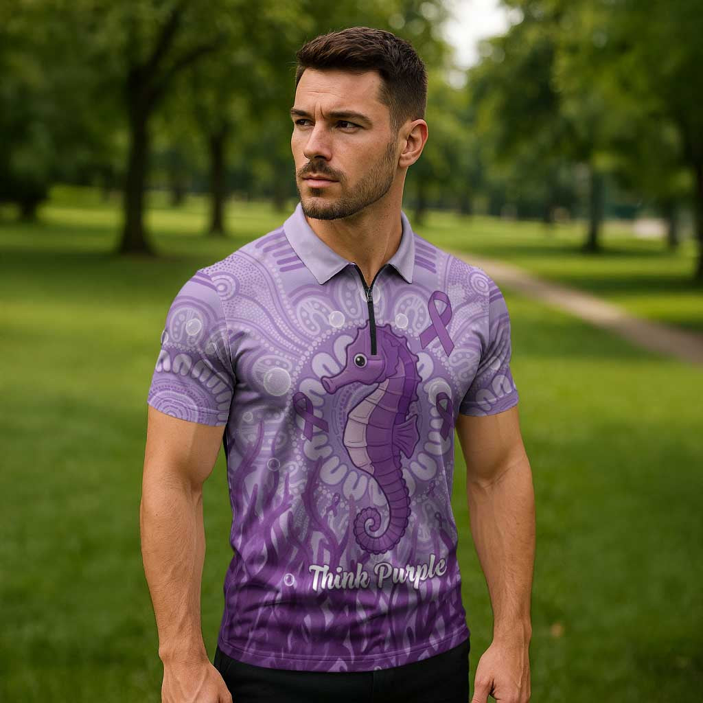 Australia Epilepsy Awareness Zipper Polo Shirt Seahorse Think Purple Ribbon Aboriginal - Aussie Hoodie