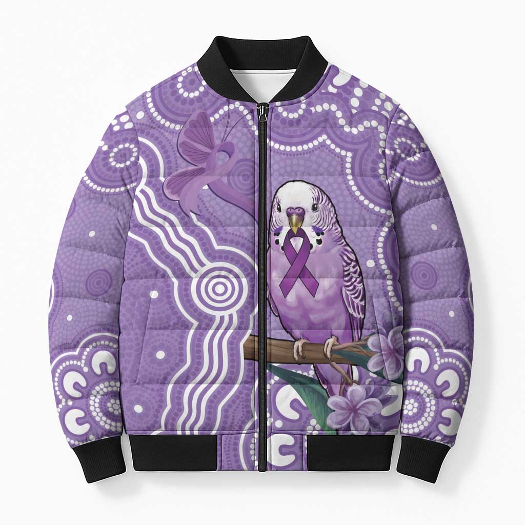 Australia Epilepsy Awareness Bomber Puffer Jacket Purple Budgerigar Plumeria Aboriginal - Aussie Hoodie