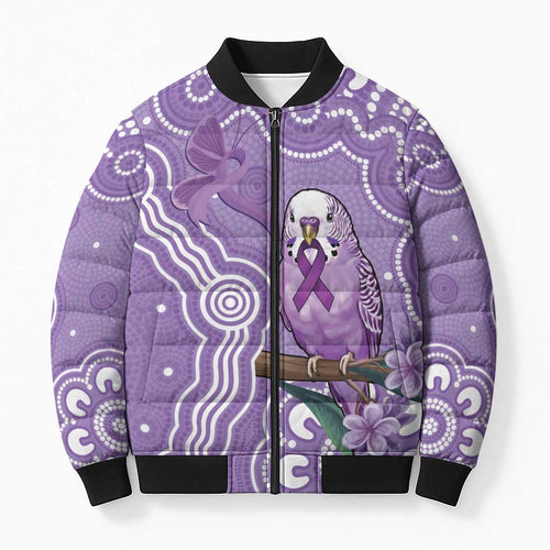 Australia Epilepsy Awareness Bomber Puffer Jacket Purple Budgerigar Plumeria Aboriginal - Aussie Hoodie