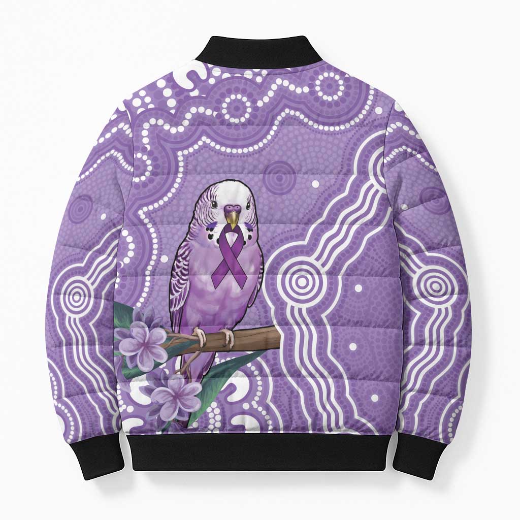 Australia Epilepsy Awareness Bomber Puffer Jacket Purple Budgerigar Plumeria Aboriginal - Aussie Hoodie