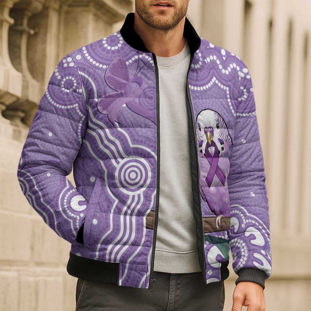 Australia Epilepsy Awareness Bomber Puffer Jacket Purple Budgerigar Plumeria Aboriginal - Aussie Hoodie