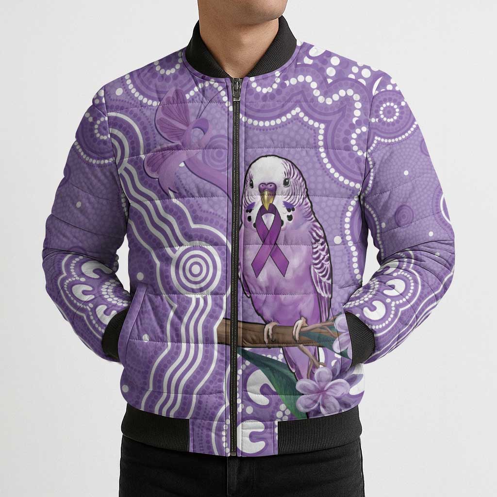 Australia Epilepsy Awareness Bomber Puffer Jacket Purple Budgerigar Plumeria Aboriginal - Aussie Hoodie