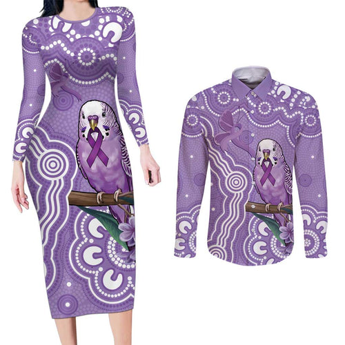 Australia Epilepsy Awareness Couples Matching Long Sleeve Bodycon Dress and Long Sleeve Button Shirt Purple Budgerigar Plumeria Aboriginal - Aussie Hoodie