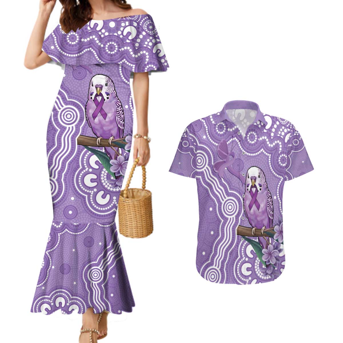 Australia Epilepsy Awareness Couples Matching Mermaid Dress and Hawaiian Shirt Purple Budgerigar Plumeria Aboriginal - Aussie Hoodie