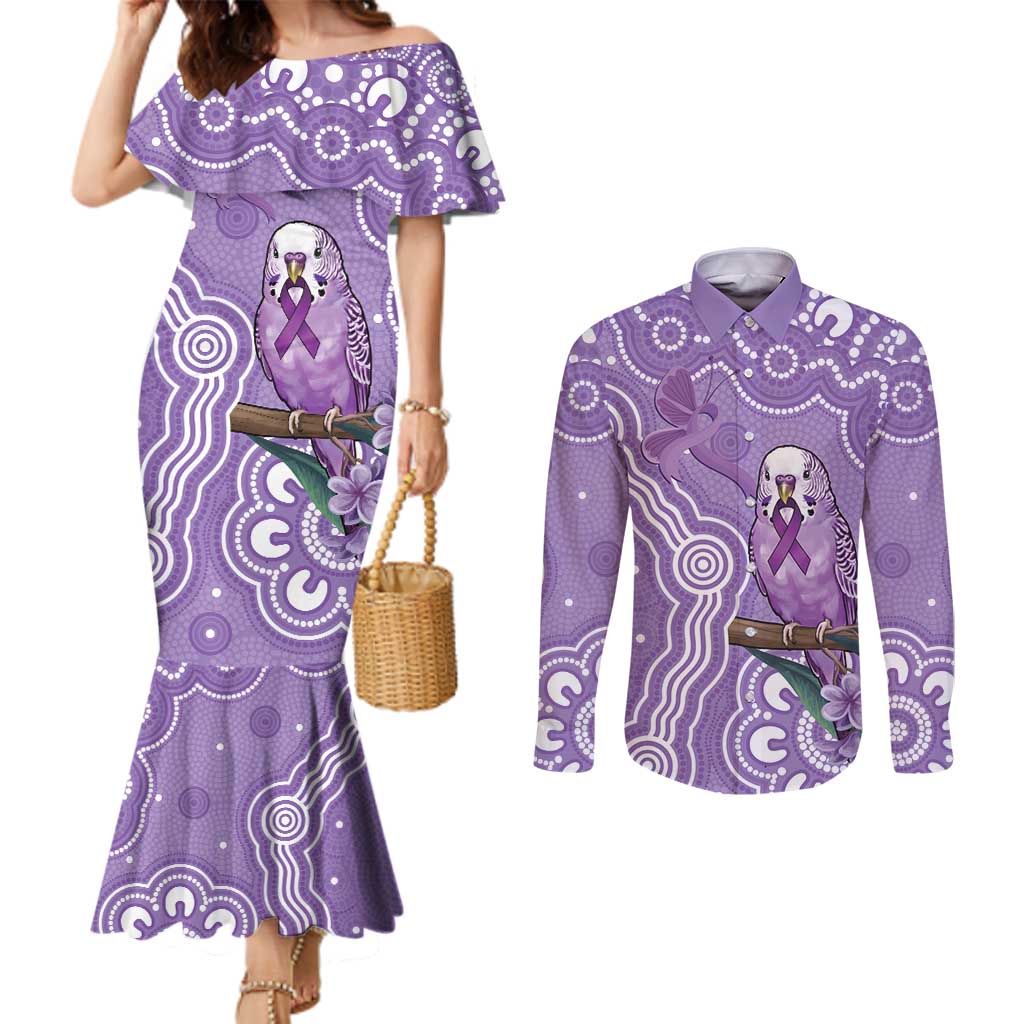 Australia Epilepsy Awareness Couples Matching Mermaid Dress and Long Sleeve Button Shirt Purple Budgerigar Plumeria Aboriginal - Aussie Hoodie