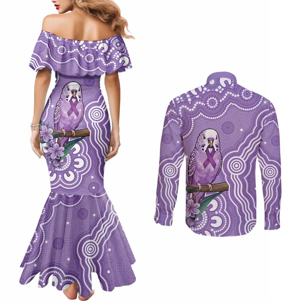 Australia Epilepsy Awareness Couples Matching Mermaid Dress and Long Sleeve Button Shirt Purple Budgerigar Plumeria Aboriginal - Aussie Hoodie