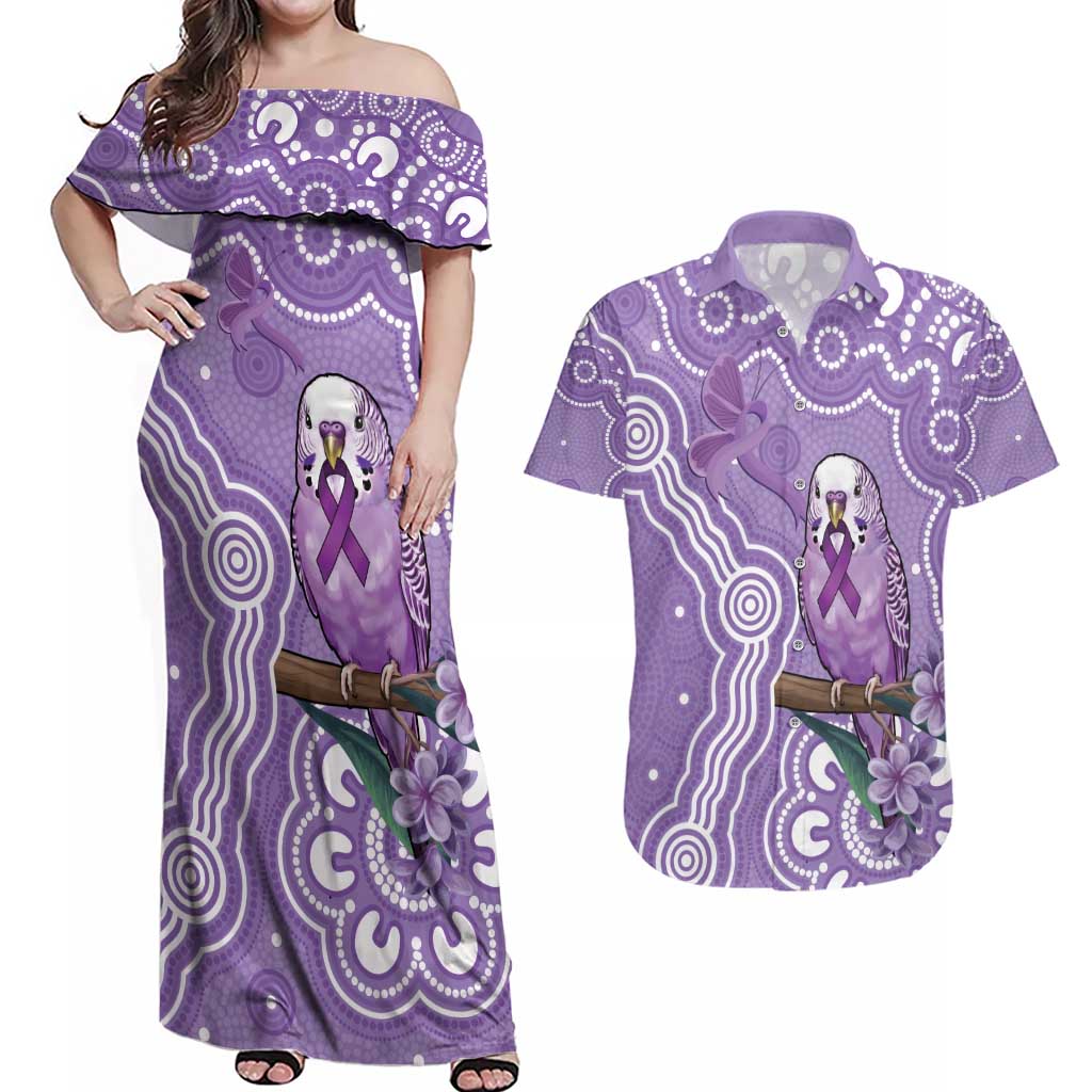 Australia Epilepsy Awareness Couples Matching Off Shoulder Maxi Dress and Hawaiian Shirt Purple Budgerigar Plumeria Aboriginal - Aussie Hoodie