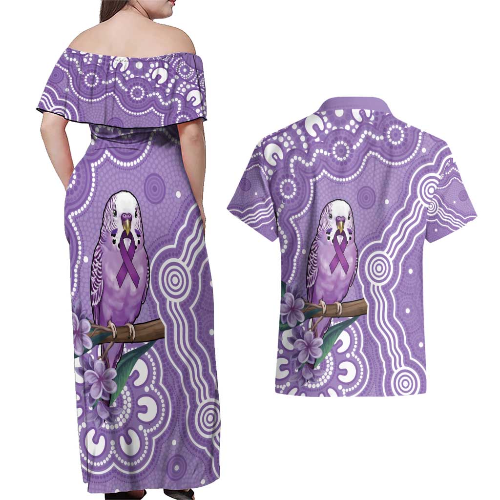 Australia Epilepsy Awareness Couples Matching Off Shoulder Maxi Dress and Hawaiian Shirt Purple Budgerigar Plumeria Aboriginal - Aussie Hoodie