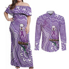 Australia Epilepsy Awareness Couples Matching Off Shoulder Maxi Dress and Long Sleeve Button Shirt Purple Budgerigar Plumeria Aboriginal - Aussie Hoodie