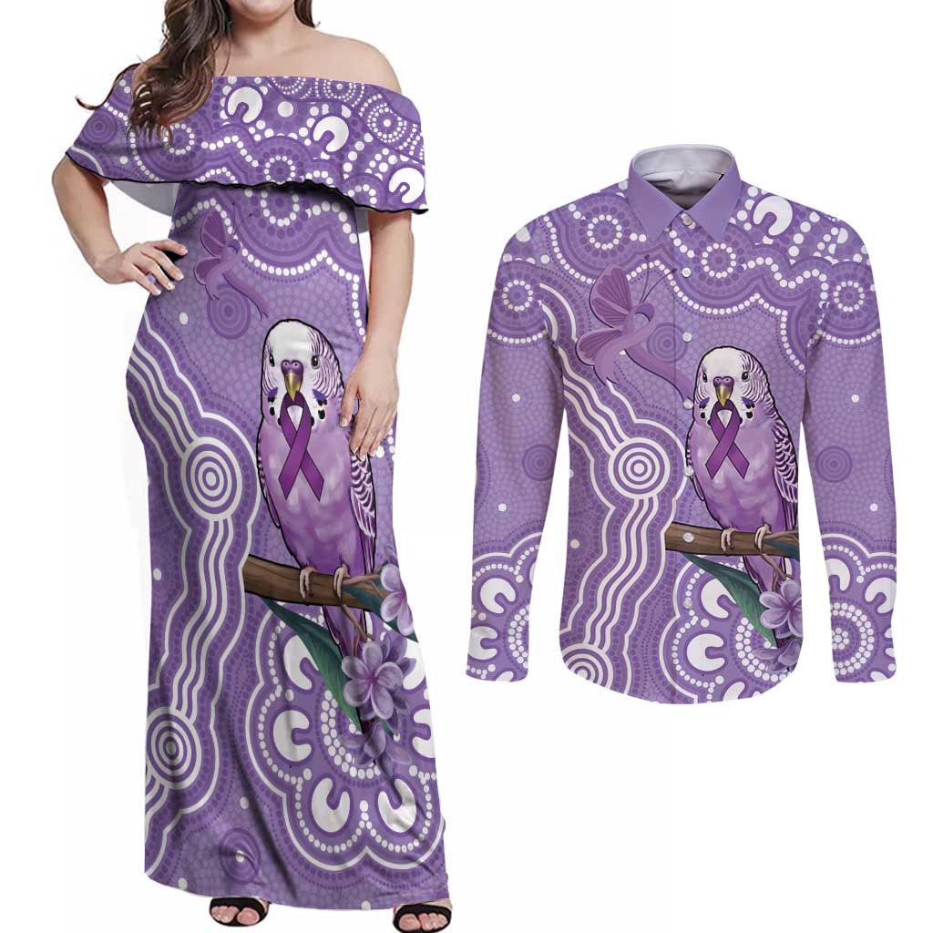 Australia Epilepsy Awareness Couples Matching Off Shoulder Maxi Dress and Long Sleeve Button Shirt Purple Budgerigar Plumeria Aboriginal - Aussie Hoodie
