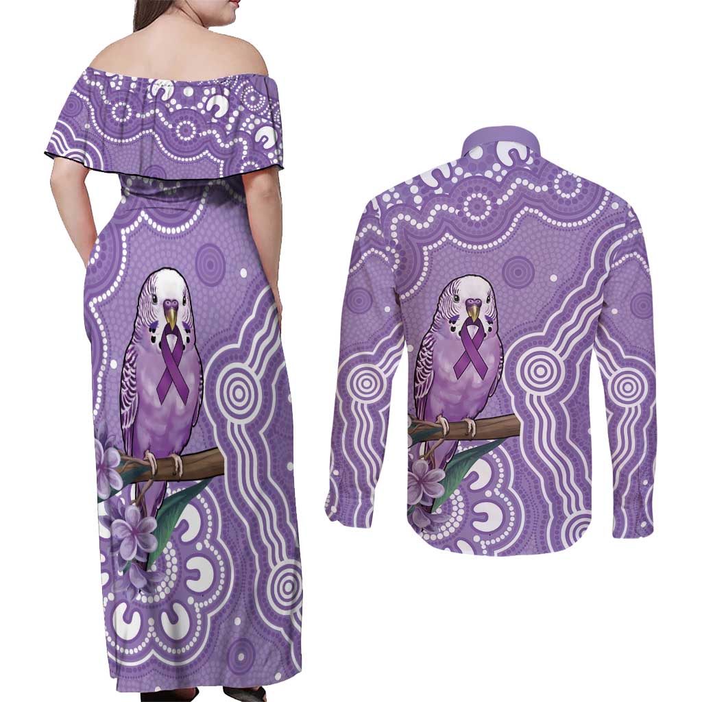 Australia Epilepsy Awareness Couples Matching Off Shoulder Maxi Dress and Long Sleeve Button Shirt Purple Budgerigar Plumeria Aboriginal - Aussie Hoodie