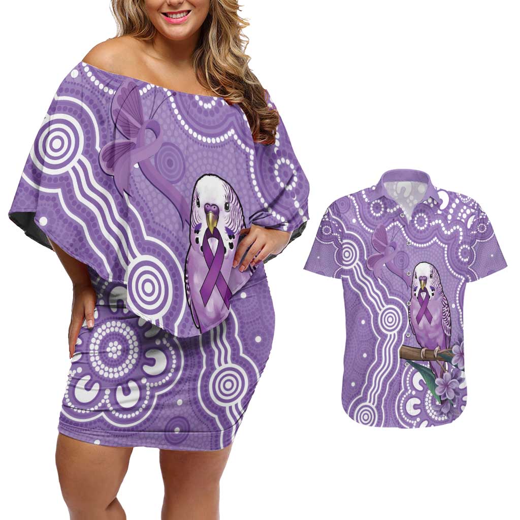 Australia Epilepsy Awareness Couples Matching Off Shoulder Short Dress and Hawaiian Shirt Purple Budgerigar Plumeria Aboriginal - Aussie Hoodie