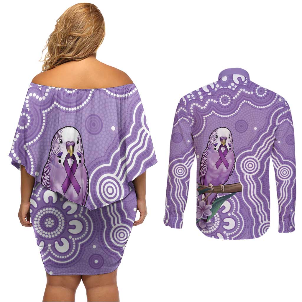 Australia Epilepsy Awareness Couples Matching Off Shoulder Short Dress and Long Sleeve Button Shirt Purple Budgerigar Plumeria Aboriginal - Aussie Hoodie