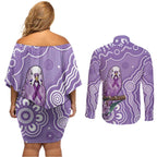 Australia Epilepsy Awareness Couples Matching Off Shoulder Short Dress and Long Sleeve Button Shirt Purple Budgerigar Plumeria Aboriginal - Aussie Hoodie