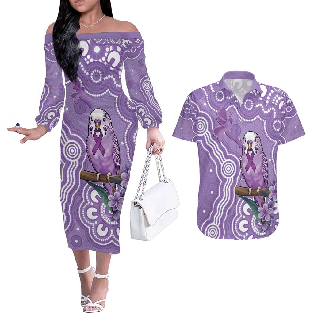 Australia Epilepsy Awareness Couples Matching Off The Shoulder Long Sleeve Dress and Hawaiian Shirt Purple Budgerigar Plumeria Aboriginal - Aussie Hoodie