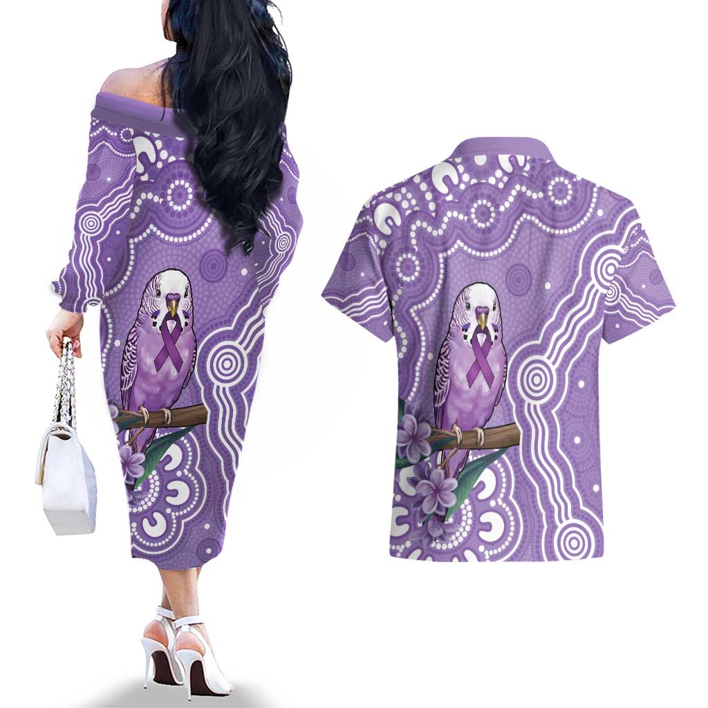 Australia Epilepsy Awareness Couples Matching Off The Shoulder Long Sleeve Dress and Hawaiian Shirt Purple Budgerigar Plumeria Aboriginal - Aussie Hoodie