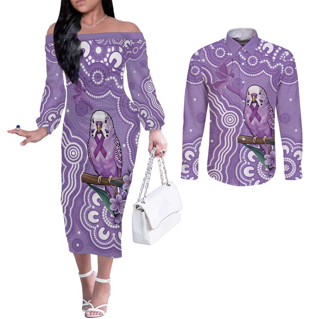 Australia Epilepsy Awareness Couples Matching Off The Shoulder Long Sleeve Dress and Long Sleeve Button Shirt Purple Budgerigar Plumeria Aboriginal - Aussie Hoodie