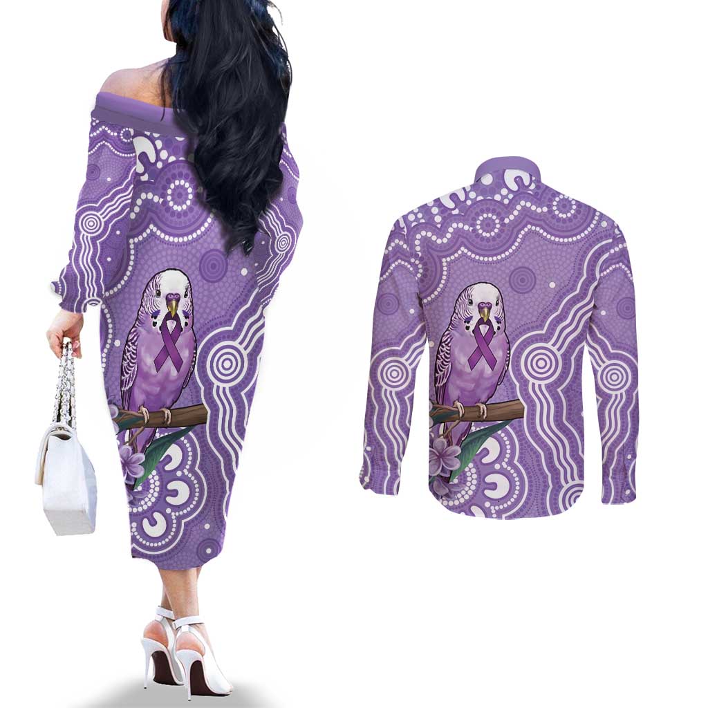 Australia Epilepsy Awareness Couples Matching Off The Shoulder Long Sleeve Dress and Long Sleeve Button Shirt Purple Budgerigar Plumeria Aboriginal - Aussie Hoodie