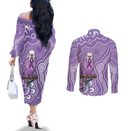 Australia Epilepsy Awareness Couples Matching Off The Shoulder Long Sleeve Dress and Long Sleeve Button Shirt Purple Budgerigar Plumeria Aboriginal - Aussie Hoodie