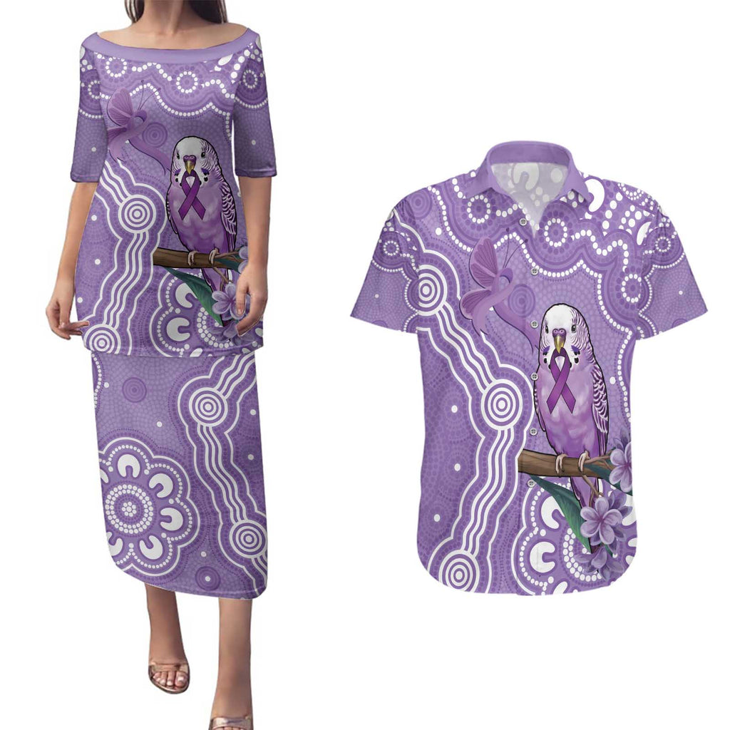 Australia Epilepsy Awareness Couples Matching Puletasi and Hawaiian Shirt Purple Budgerigar Plumeria Aboriginal - Aussie Hoodie