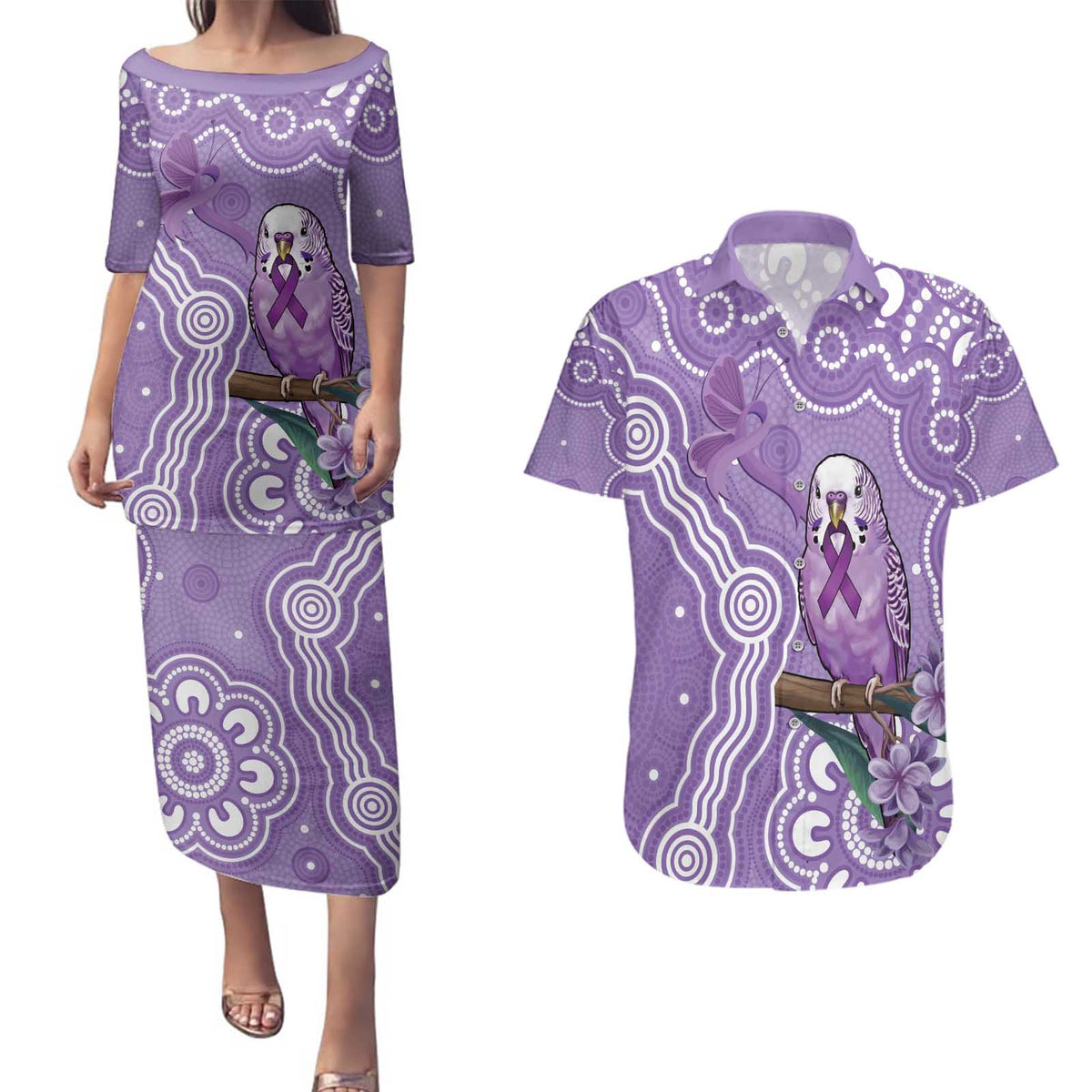 Australia Epilepsy Awareness Couples Matching Puletasi and Hawaiian Shirt Purple Budgerigar Plumeria Aboriginal - Aussie Hoodie