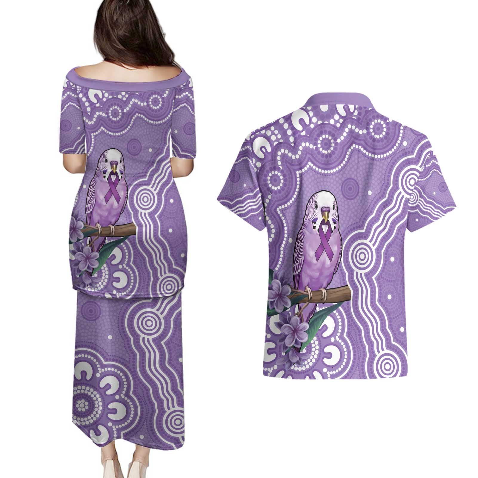 Australia Epilepsy Awareness Couples Matching Puletasi and Hawaiian Shirt Purple Budgerigar Plumeria Aboriginal - Aussie Hoodie