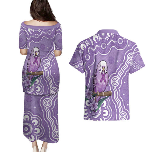 Australia Epilepsy Awareness Couples Matching Puletasi and Hawaiian Shirt Purple Budgerigar Plumeria Aboriginal - Aussie Hoodie