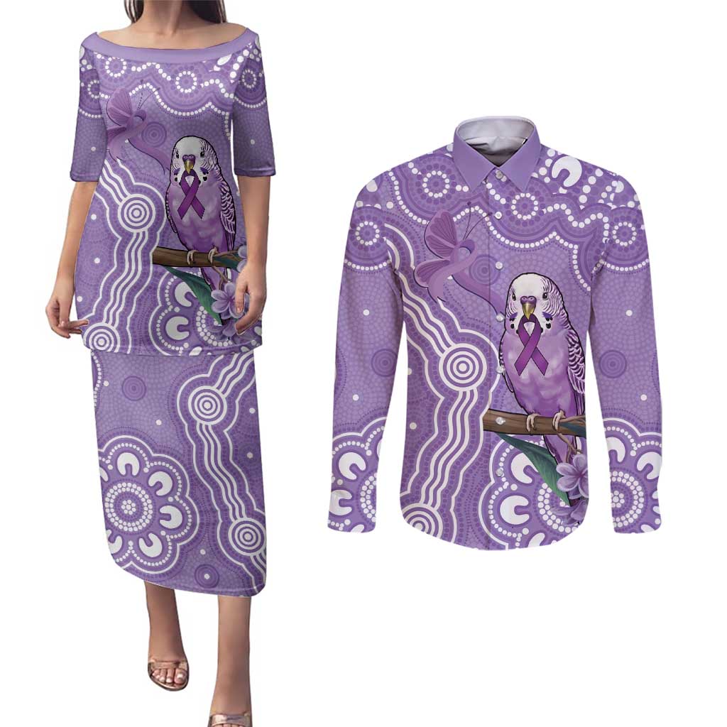 Australia Epilepsy Awareness Couples Matching Puletasi and Long Sleeve Button Shirt Purple Budgerigar Plumeria Aboriginal - Aussie Hoodie
